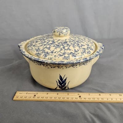 Vintage Roseville Blue Spongeware Crock + Lid Robinson Ransbottom With Handles - Thumbnail 15