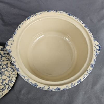 Vintage Roseville Blue Spongeware Crock + Lid Robinson Ransbottom With Handles - Thumbnail 4