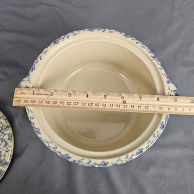 Vintage Roseville Blue Spongeware Crock + Lid Robinson Ransbottom With Handles - Thumbnail 11