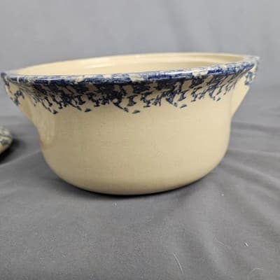 Vintage Roseville Blue Spongeware Crock + Lid Robinson Ransbottom With Handles - Thumbnail 10