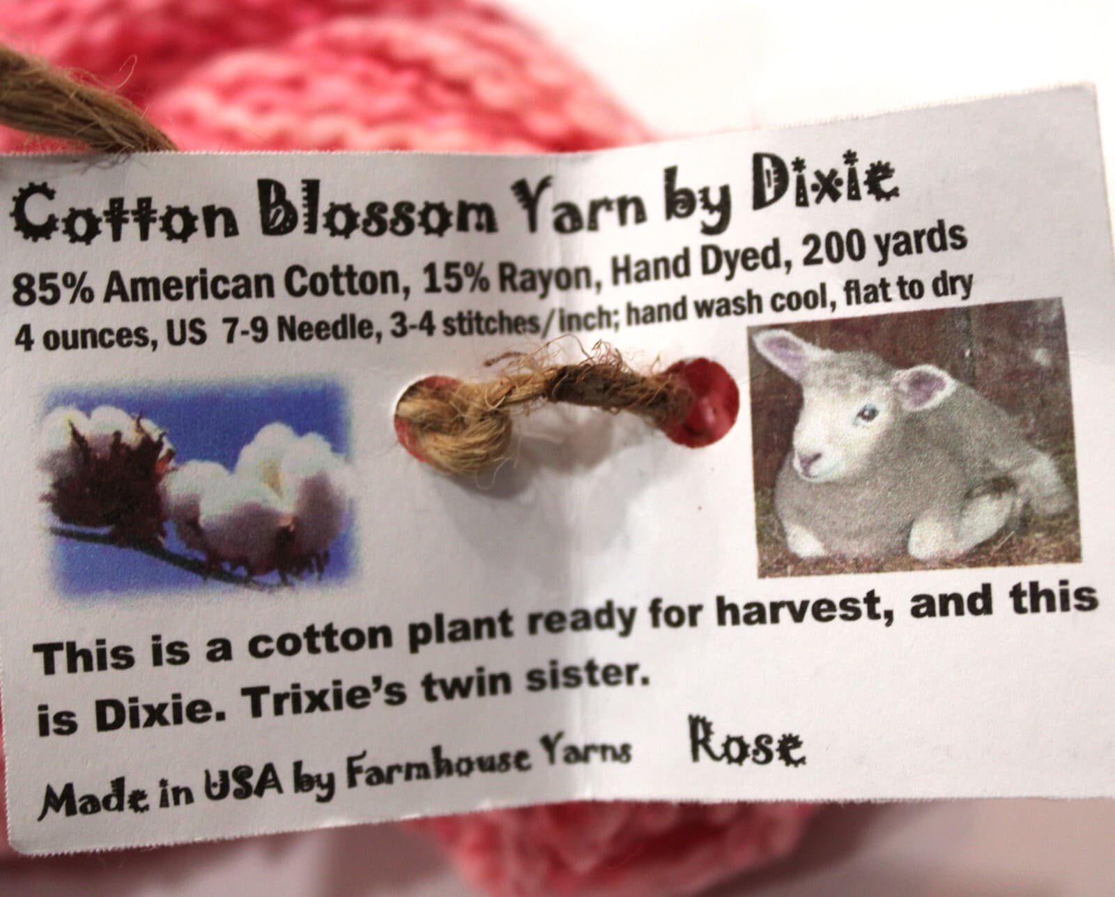 Farmhouse Yarns Cotton Blossom Yarn by Dixie 85% Cotton Rose Hand Dyed 200yd - Thumbnail 3
