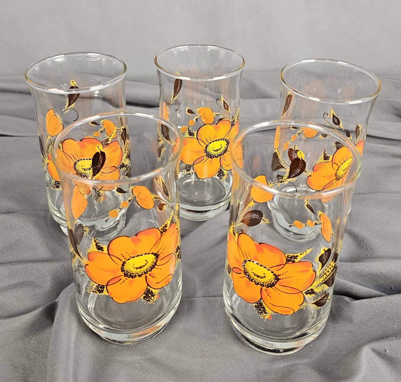 Dominion Glass Orange Poppy Flower 5.5" Tall Tumblers Set of 5 MCM - Thumbnail 2