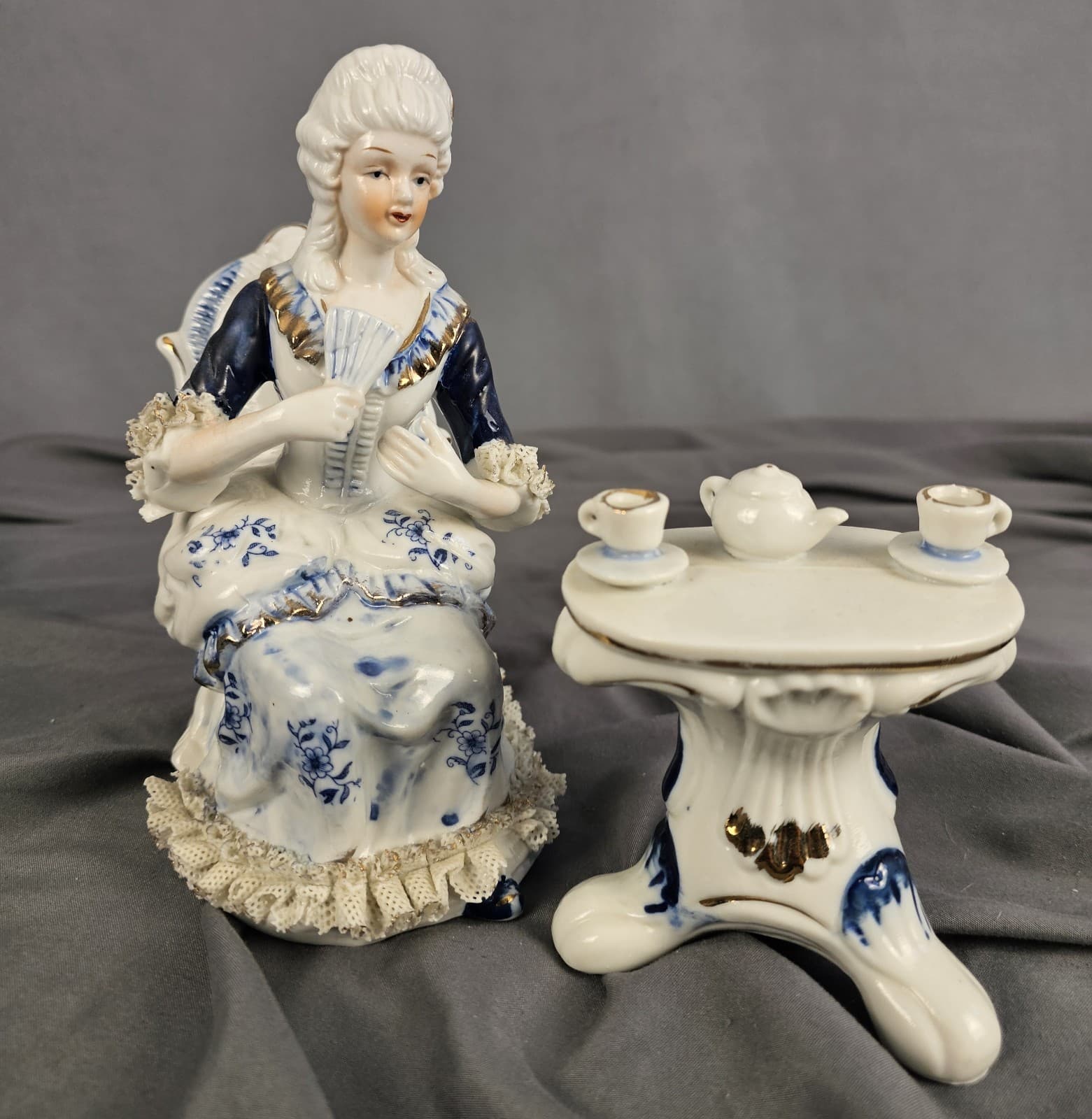Vintage Victorian Woman & Table Figurine Having Tea - Thumbnail 2