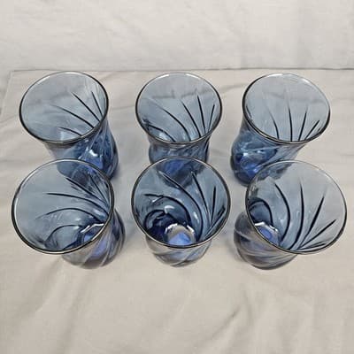 Set 6 Vtg Anchor Hocking Clear Blue Glass Tumblers Carousel Drinking Glasses EUC - Thumbnail 3