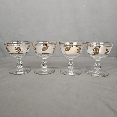 Anchor Hocking Frosted Gold Leaf Champaign Glasses 4.25" Tall Vintage Set of 4 - Thumbnail 3