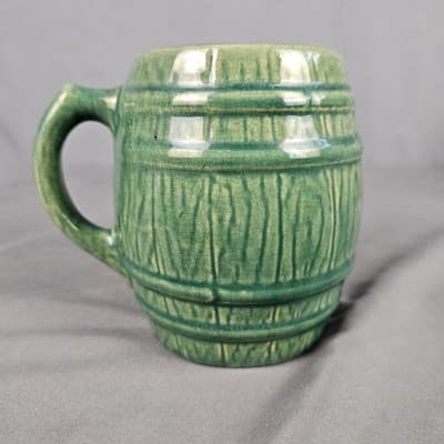 Vintage McCoy Pottery Green Glazed Barrel Mug Stoneware Stein 4.75" Tall - Thumbnail 6