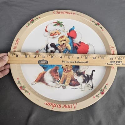 Vintage Christmas Tin Tray Santa Dogs Puppies Cat Christmas A time to Share - Thumbnail 2