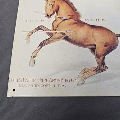 VTG Colt's Patent Fire Arms Manufacturing Co 1991 Metal Advertising Sign Horse - Thumbnail 2