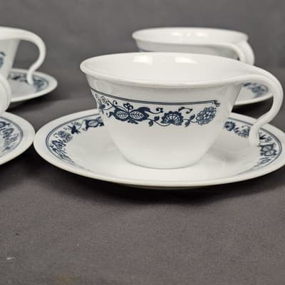 Vtg Corelle Old Town Blue Cup Saucer Set for 4 Onion Hook Handle Cups MCM - Thumbnail 2