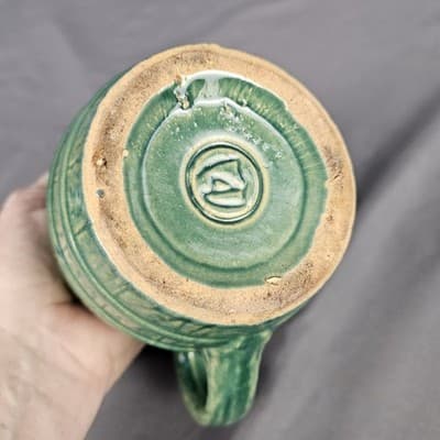 Vintage McCoy Pottery Green Glazed Barrel Mug Stoneware Stein 4.75" Tall - Thumbnail 4