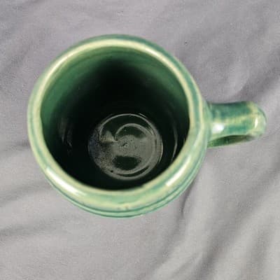 Vintage McCoy Pottery Green Glazed Barrel Mug Stoneware Stein 4.75" Tall - Thumbnail 3