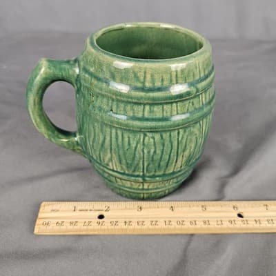 Vintage McCoy Pottery Green Glazed Barrel Mug Stoneware Stein 4.75" Tall - Thumbnail 5