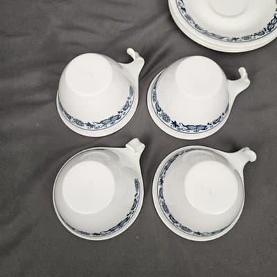 Vtg Corelle Old Town Blue Cup Saucer Set for 4 Onion Hook Handle Cups MCM - Thumbnail 9