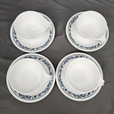 Vtg Corelle Old Town Blue Cup Saucer Set for 4 Onion Hook Handle Cups MCM - Thumbnail 4