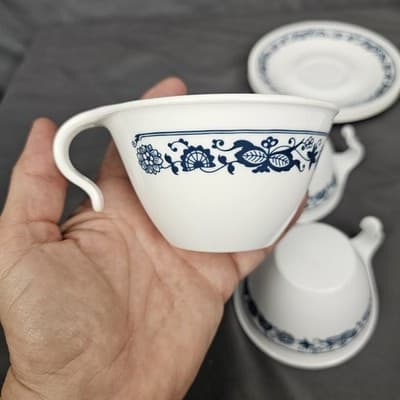 Vtg Corelle Old Town Blue Cup Saucer Set for 4 Onion Hook Handle Cups MCM - Thumbnail 10