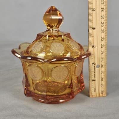 Vintage Fostoria Frosted Coin Glass Pedestal Wedding Bowl With Lid - Amber - Thumbnail 8