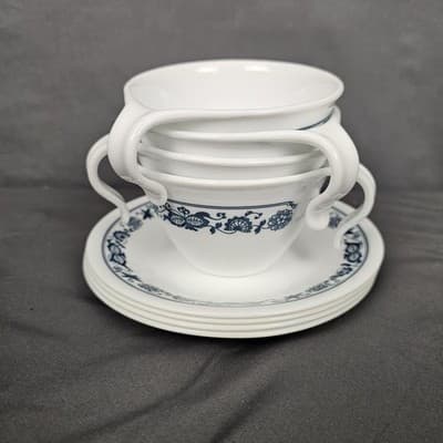 Vtg Corelle Old Town Blue Cup Saucer Set for 4 Onion Hook Handle Cups MCM - Thumbnail 17