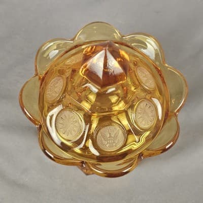 Vintage Fostoria Frosted Coin Glass Pedestal Wedding Bowl With Lid - Amber - Thumbnail 3