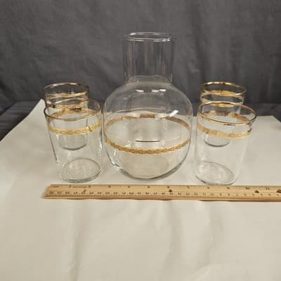 Vtg Libbey Victoria Water Juice Liquoir Carafe & 4 juice glasses 22Kt gold - Thumbnail 8