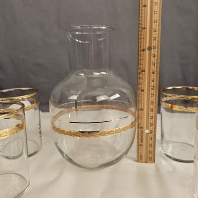 Vtg Libbey Victoria Water Juice Liquoir Carafe & 4 juice glasses 22Kt gold - Thumbnail 7