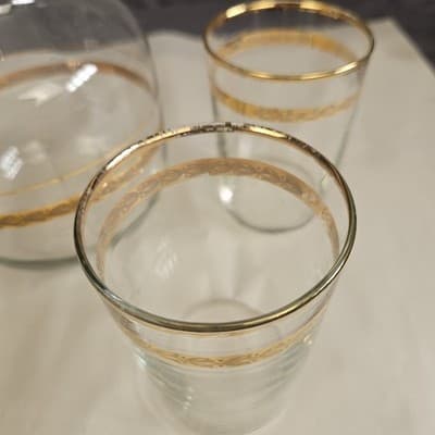 Vtg Libbey Victoria Water Juice Liquoir Carafe & 4 juice glasses 22Kt gold - Thumbnail 4