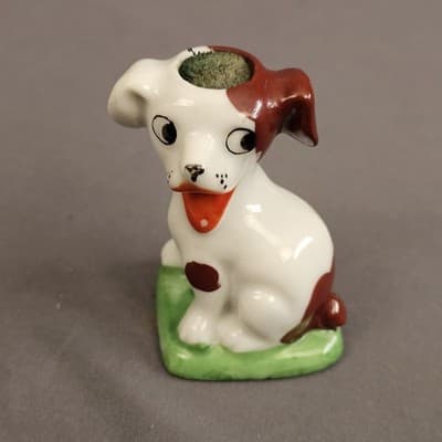 Vintage Puppy Spotted Dog Pin Cushion Figurine Happy Made in Japan Porcelain - Thumbnail 2