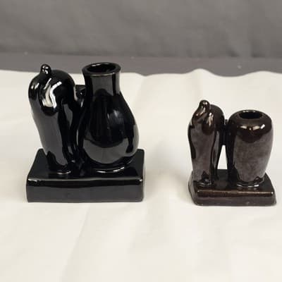 Vintage OCCUPIED JAPAN Redware 2 1/4" SCAREDY BLACK CAT & VASE Toothpick Holder - Thumbnail 9