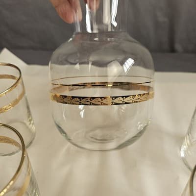 Vtg Libbey Victoria Water Juice Liquoir Carafe & 4 juice glasses 22Kt gold - Thumbnail 5