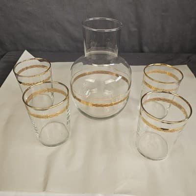 Vtg Libbey Victoria Water Juice Liquoir Carafe & 4 juice glasses 22Kt gold - Thumbnail 2