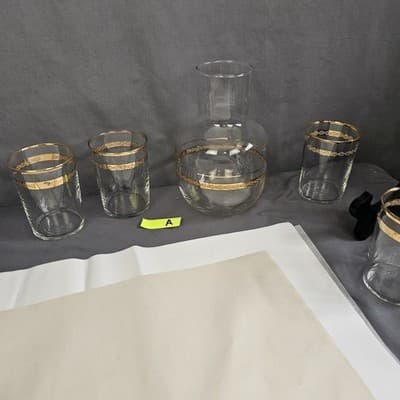 Vtg Libbey Victoria Water Juice Liquoir Carafe & 4 juice glasses 22Kt gold - Thumbnail 9