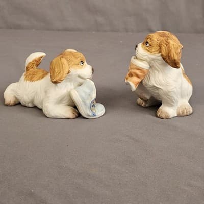 Vintage Homco Set Of 2 Puppy Dog Figurines Chewing On Sneakers #1405 White Brown - Thumbnail 3