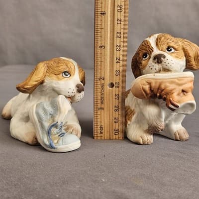 Vintage Homco Set Of 2 Puppy Dog Figurines Chewing On Sneakers #1405 White Brown - Thumbnail 10