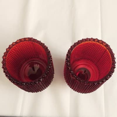 2 VTG Orange Amberina Votive Candle Holder Pegged Glass Diamond Point Nob Hill - Thumbnail 7