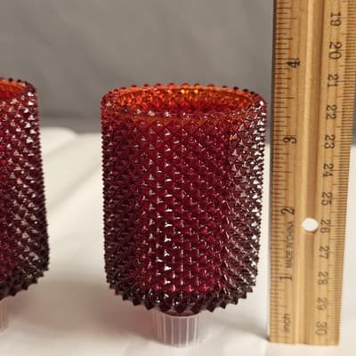 2 VTG Orange Amberina Votive Candle Holder Pegged Glass Diamond Point Nob Hill - Thumbnail 8