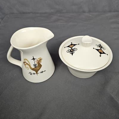 Weather Vane Edwin Knowles Rooster Creamer and Sugar Bowl w Lid Set MCM - Thumbnail 2