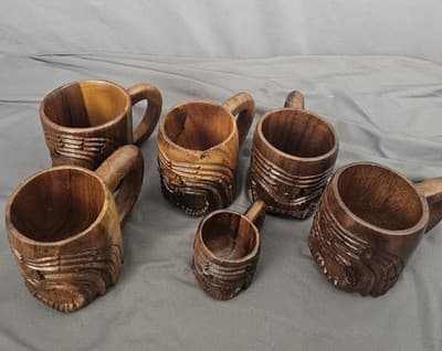 Set Of 6 Tiki Mugs Wood Polynesian God Face Hand Carved Cup with Handle - Thumbnail 11