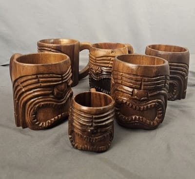 Set Of 6 Tiki Mugs Wood Polynesian God Face Hand Carved Cup with Handle - Thumbnail 3