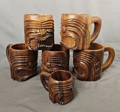 Set Of 6 Tiki Mugs Wood Polynesian God Face Hand Carved Cup with Handle - Thumbnail 2