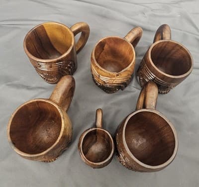 Set Of 6 Tiki Mugs Wood Polynesian God Face Hand Carved Cup with Handle - Thumbnail 5