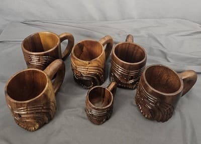 Set Of 6 Tiki Mugs Wood Polynesian God Face Hand Carved Cup with Handle - Thumbnail 12