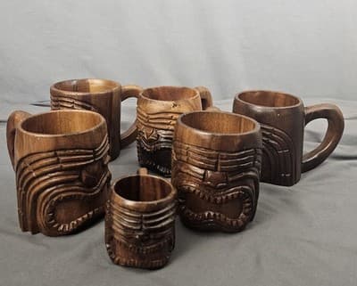 Set Of 6 Tiki Mugs Wood Polynesian God Face Hand Carved Cup with Handle - Thumbnail 4