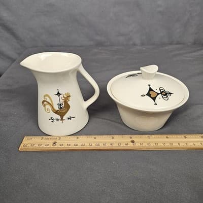 Weather Vane Edwin Knowles Rooster Creamer and Sugar Bowl w Lid Set MCM - Thumbnail 7