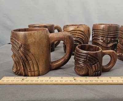 Set Of 6 Tiki Mugs Wood Polynesian God Face Hand Carved Cup with Handle - Thumbnail 10