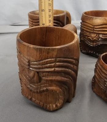 Set Of 6 Tiki Mugs Wood Polynesian God Face Hand Carved Cup with Handle - Thumbnail 7