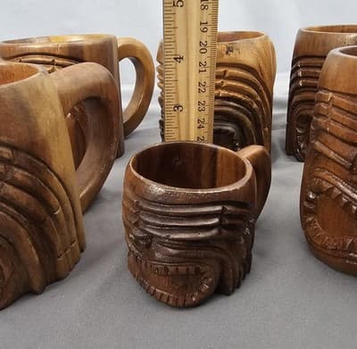 Set Of 6 Tiki Mugs Wood Polynesian God Face Hand Carved Cup with Handle - Thumbnail 8