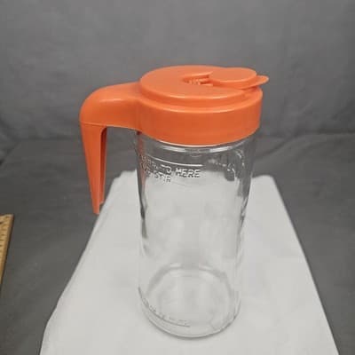 MINT Vintage Tang Pitcher Orange Jar 70's Anchor Hocking Clear Glass Pour Lid - Thumbnail 4