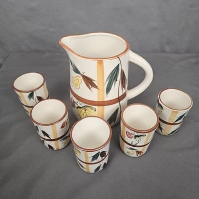 Vintage Nasco ? Ceramic Pitcher And Cups Glasses Juice Drink Set Hand Painted - Thumbnail 3