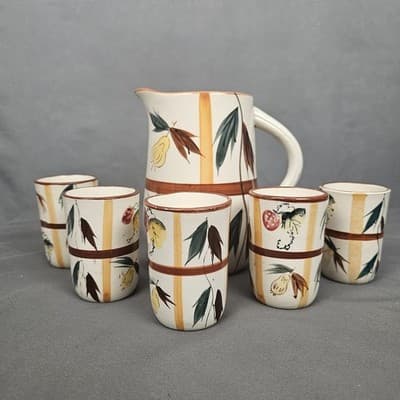 Vintage Nasco ? Ceramic Pitcher And Cups Glasses Juice Drink Set Hand Painted - Thumbnail 2
