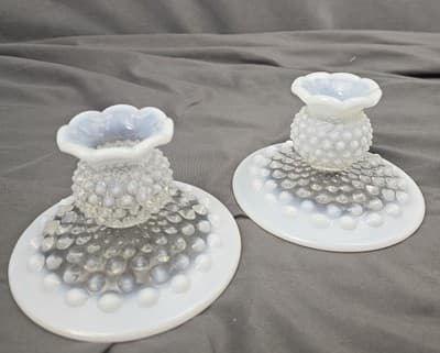 VTG Pair Hobnail Opalescent Art Glass Candleholders Fenton No Marks - Thumbnail 2