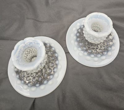 VTG Pair Hobnail Opalescent Art Glass Candleholders Fenton No Marks - Thumbnail 3
